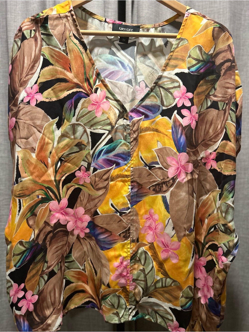 Karen Kane Tropical Floral V-Neck Blouse in Pink, Yellow & Brown